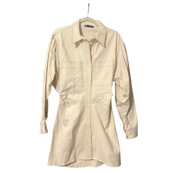 Zara Ruched Button Down Ivory Cotton Mini Denim Dress Size Large - Picture 2 of 5